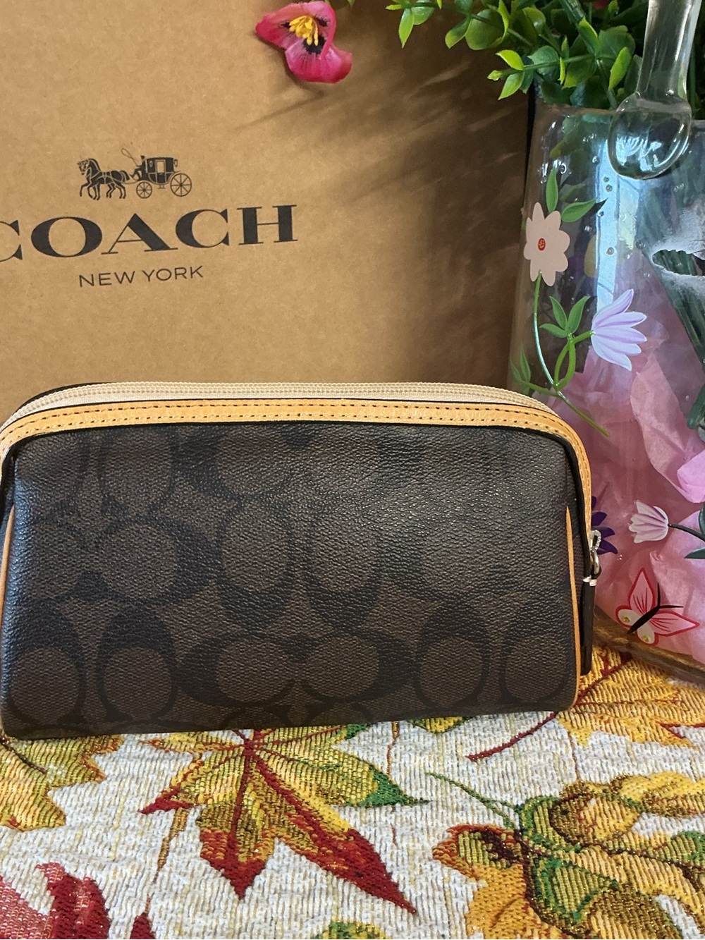 COACH Brown Signature Canvas Zip Pouch with Tan Trim